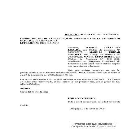 Solicito  nueva fecha de examen alimentaria