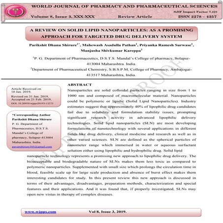 Solid lipid nanoparticles review published