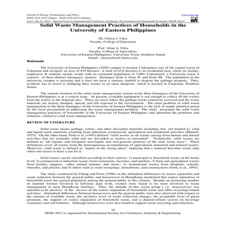 Solid waste management practices of households in the university of eastern p...