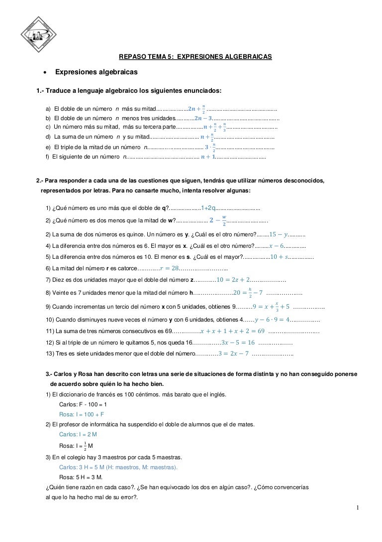 El Doble De La Diferencia De Dos Números repaso tema 5: álgebra 2ºeso