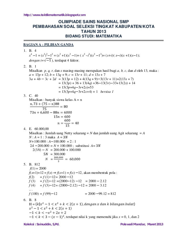 Solusi Osn Matematika Smp 2013 Kabupaten Pg2 1