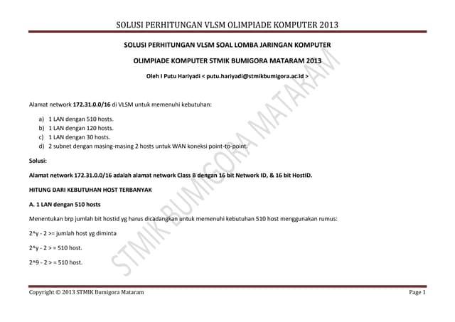 Solusi Perhitungan VLSM Soal Lomba Jarkom - Olimpiade Komputer STMIK Bumigora...