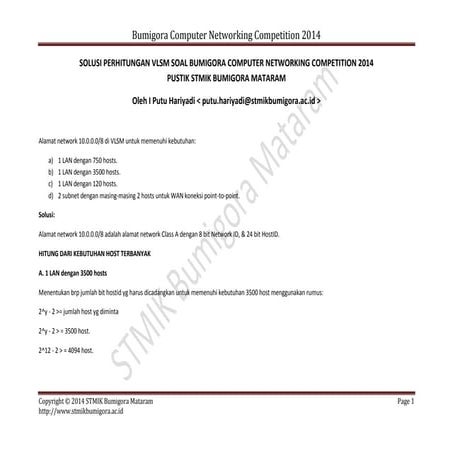 Solusi Perhitungan VLSM Bumigora Computer Networking Competition 2014 - STMIK...