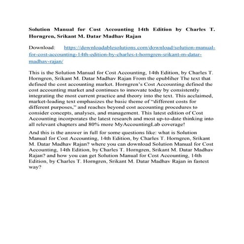 Solution Manual for Cost Accounting 14th Edition by Charles T. Horngren ...