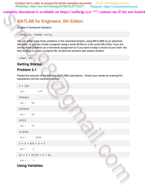 Answers to Problems for MATLAB for Engineers, 6th Edition by Moore ...