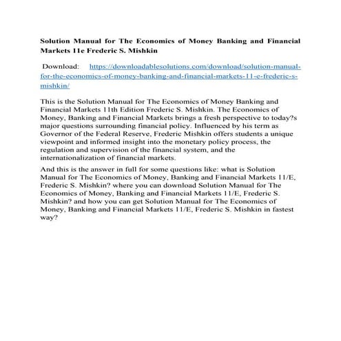 Solution Manual for The Economics of Money Banking and Financial Markets 11e ...