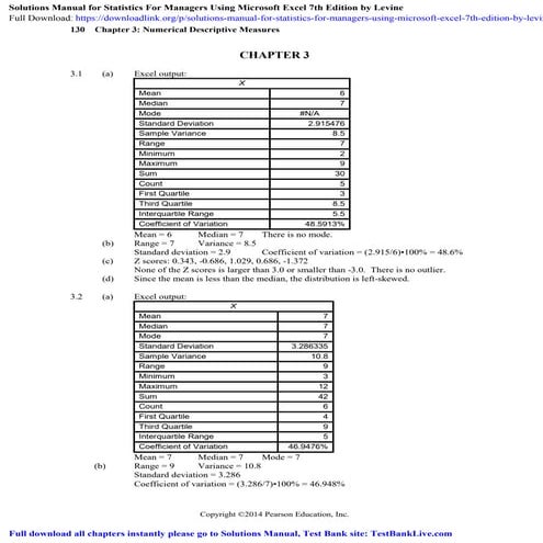 Solutions Manual for Statistics For Managers Using Microsoft Excel 7th ...