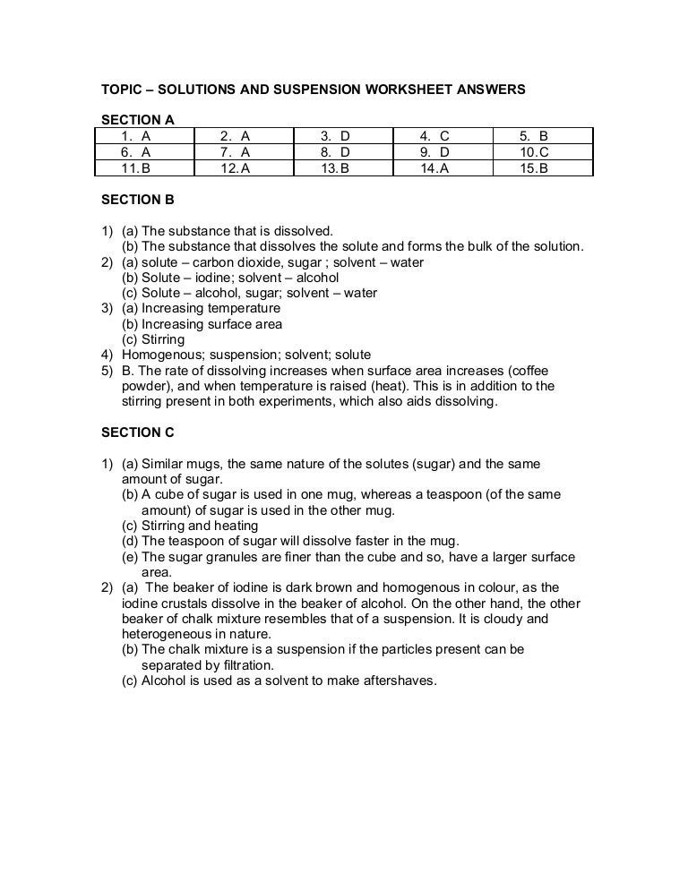 Solutions And Suspension Worksheet Answer
