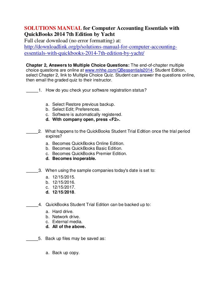 Solutions Manual For Puter Accounting Essentials With Quick Books