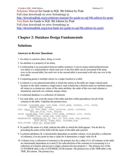 Solutions manual for guide to sql 9th edition by pratt