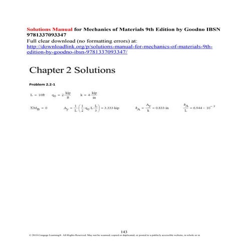 Solutions manual for mechanics of materials 9th edition by goodno ibsn 978133...