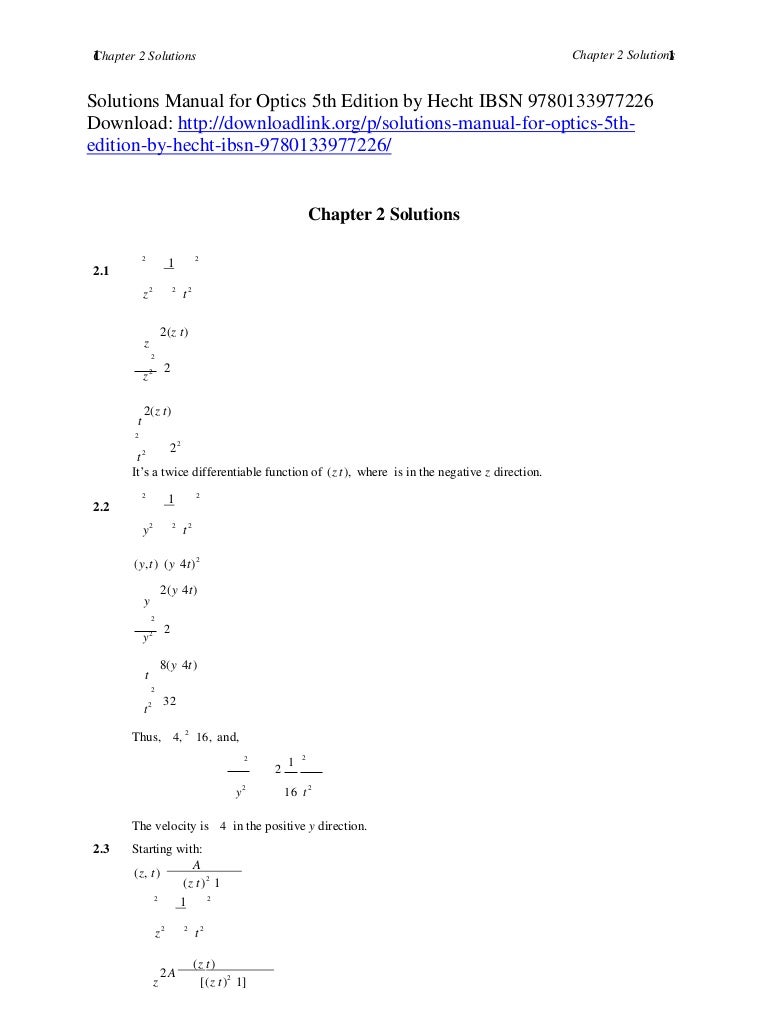 Solutions Manual for Optics 5th Edition by Hecht IBSN 9780133977226