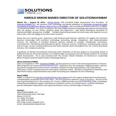 HAROLD SIMON NAMED DIRECTOR OF SOLUTIONS@MBAF | PDF