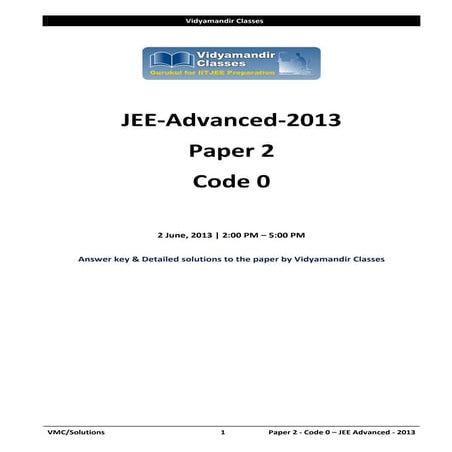 Vidyamandir Jee Advanced 2013 Paper 2