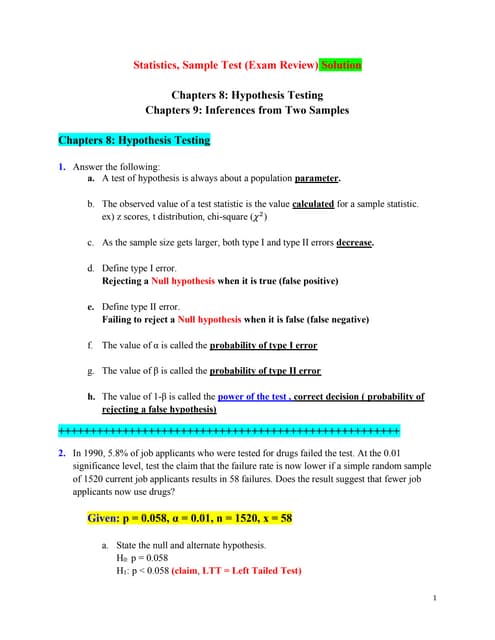 Solution to the practice test ch 8 hypothesis testing ch 9 two populations