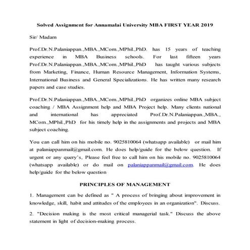 Solved Assignment for Annamalai University MBA First Year 2019