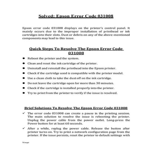 Solved Epson Error Code 031008