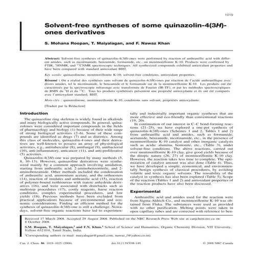 Solvent free synthesis of quinazolin 4(3 h)-ones derivatives | PDF