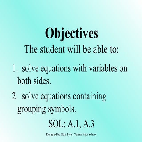Solving Equations w/variables on both sides | PPT
