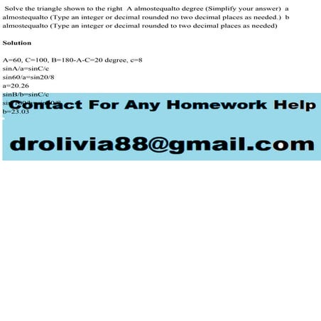 Solve The Triangle Shown To The Right A Almostequalto Degree Simpli pdf