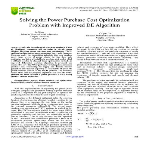 Solving the Power Purchase Cost Optimization Problem with Improved DE Algorithm