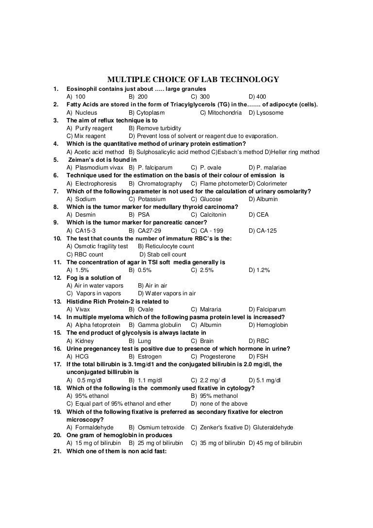 MCQ for Lab Technician