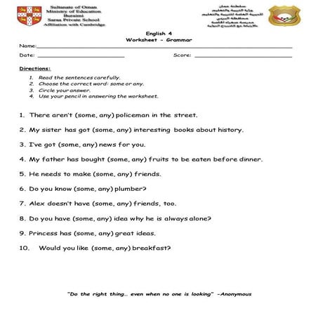 Use of Some and Any worksheet 