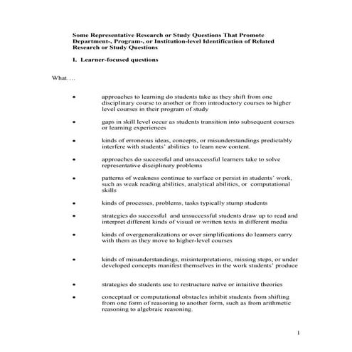 Some Representative Research or Study Questions