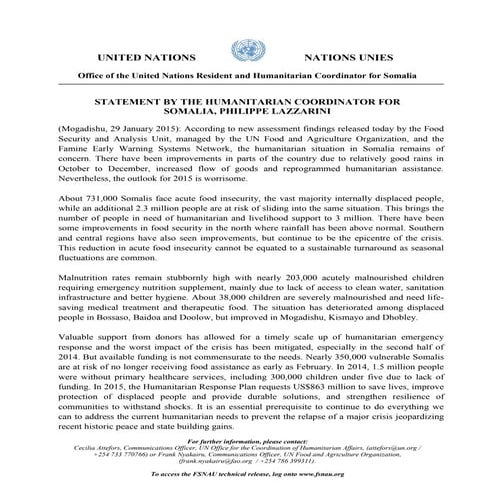 STATEMENT BY THE HUMANITARIAN COORDINATOR FOR SOMALIA, PHILIPPE LAZZARINI