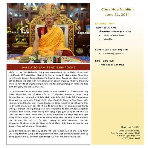  Đại Sư Tenzin Sonam Rinpoche sẽ đến hoằng pháp tại vùng Virginia ngày 21 tháng 6 - 2014