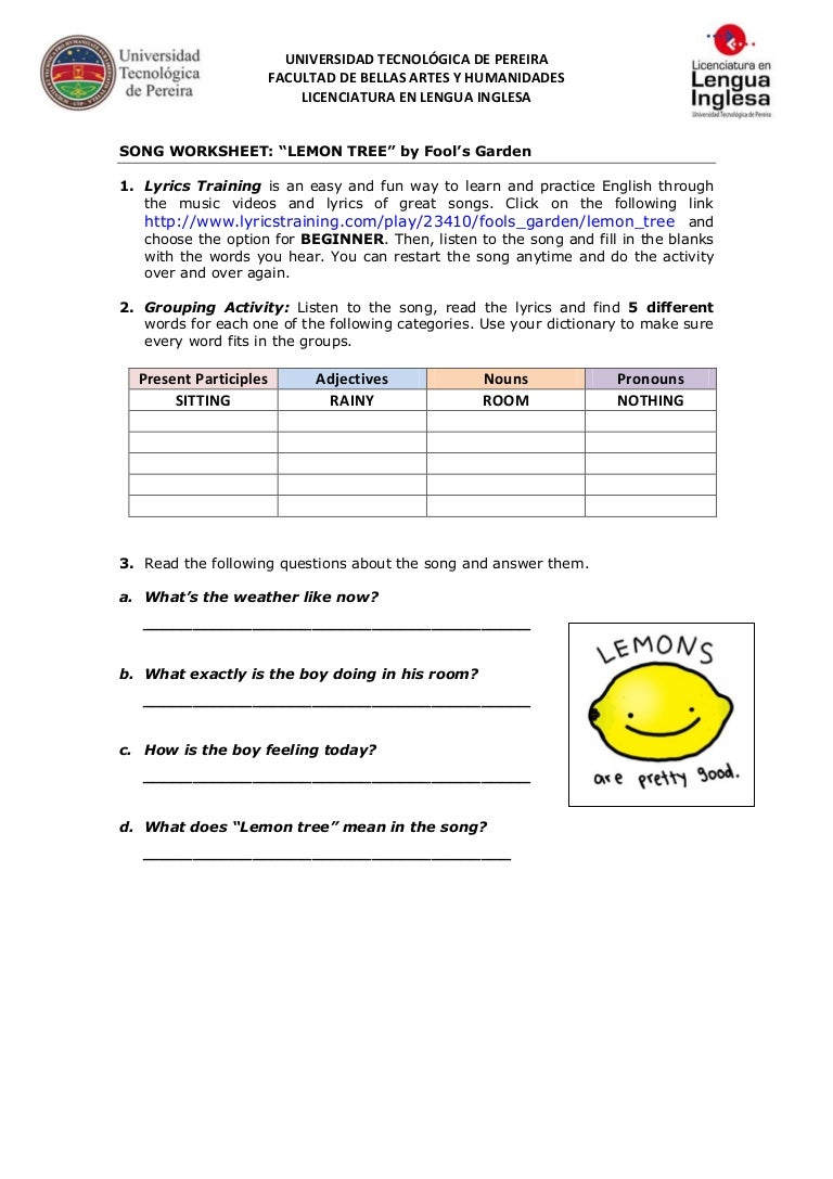 worksheet Lemon Tree Worksheet song worksheet lemon tree