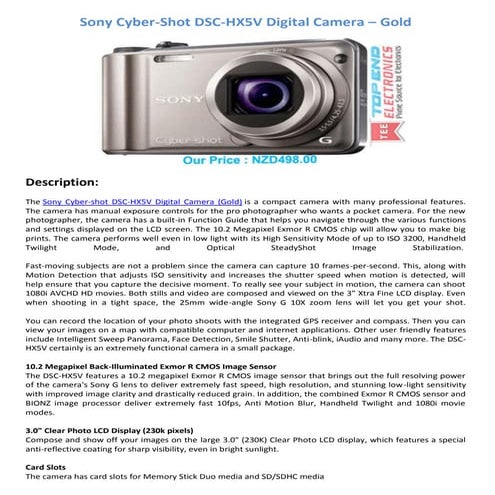 Sony cyber shot dsc-hx5 v digital camera - gold