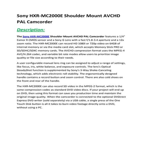 Sony HXR-MC2000E Camcorder