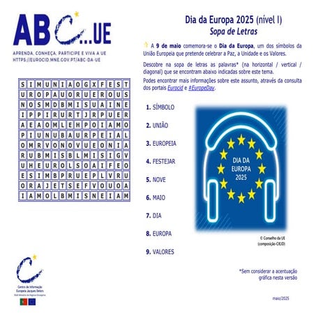 Sopa de letras | Dia da Europa 2025 (nível 1)