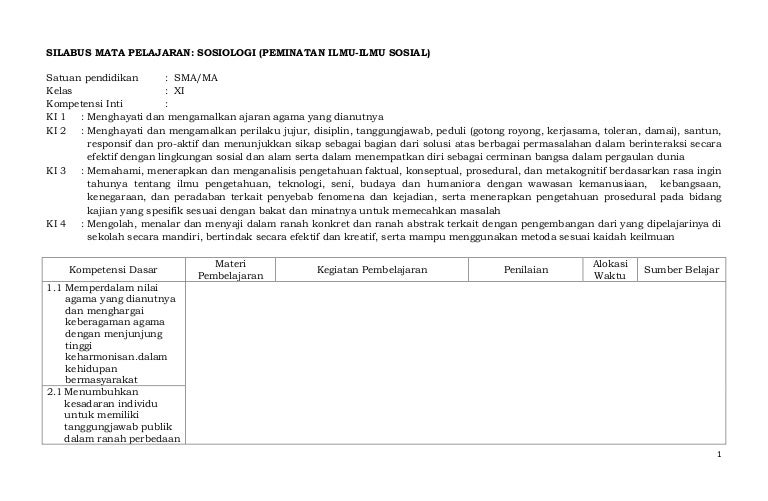 Sosiologi XI; Silabus (Kur. 2013)