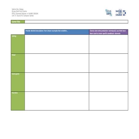Sound design in computer games analysis work sheet