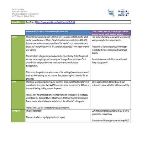 Sound design in computer games analysis work sheet   dark space 3