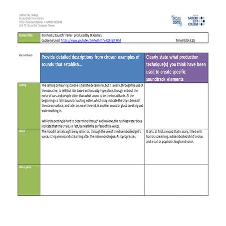 Sound design in computer games analysis work sheet 2