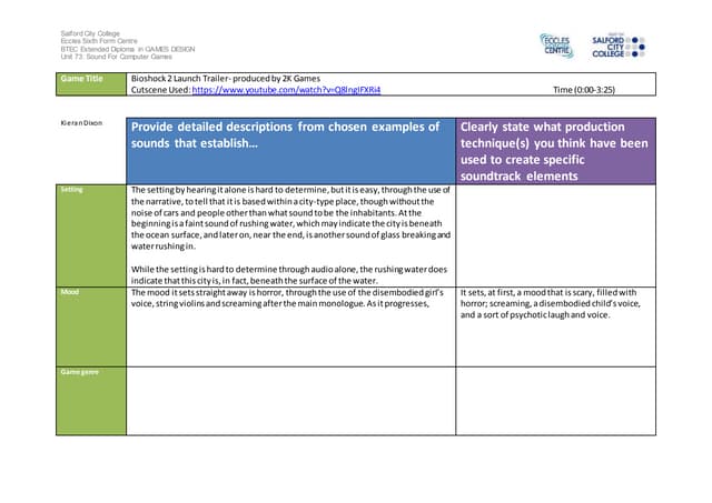 Sound design in computer games analysis work sheet 2