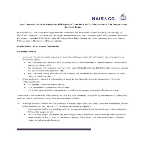 South Korea Enacts Tax Revision Bill: Update from International Tax Complianc...