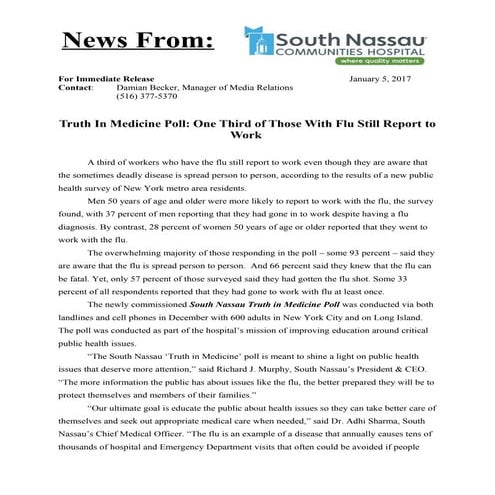 Truth In Medicine Poll: One Third of Those With Flu Still Report to Work