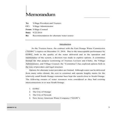 South Orange Memo on Alternative Water Supply