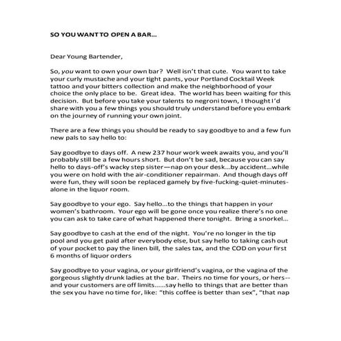 Julie Reiner's, Letter to a Young Bartender 