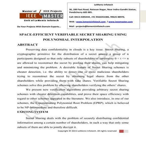 Space efficient verifiable secret sharing using polynomial interpolation