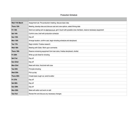 Space Production Schedule 