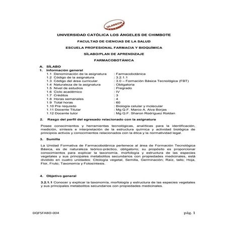 Silabo plan de aprendizaje  Farmacobotánica