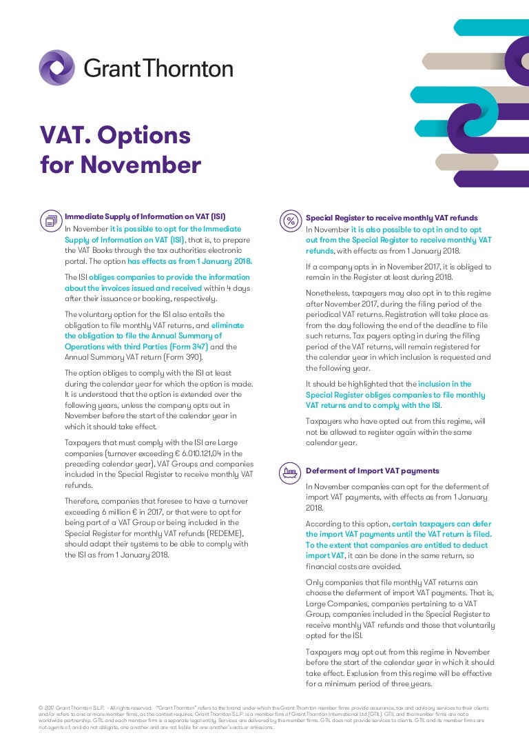 Spain VAT Options For November 2017