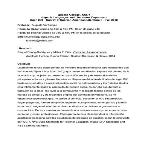 Span 290   survey of spanish american literature ii (queens college) syllabus...
