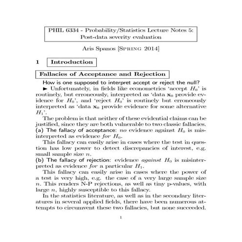 A. Spanos Probability/Statistics Lecture Notes 5: Post-data severity evaluation