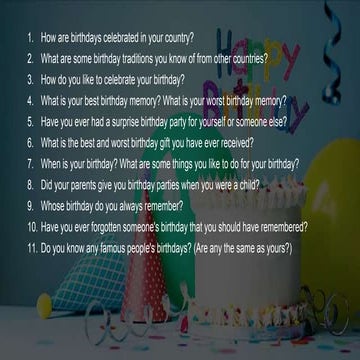 Topic: Birthdays-Speaking Questions for Warm-ups
